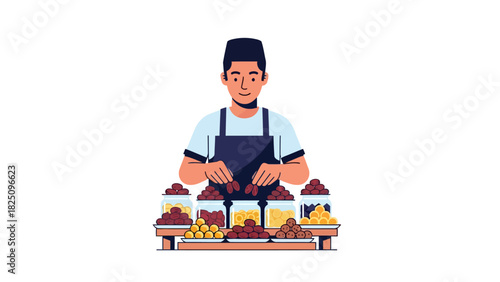 A smiling vendor in an apron with dates and other dried fruit displayed