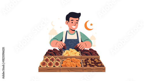 A smiling man in an apron, arranging various dried fruits on display. Religious symbols are also present