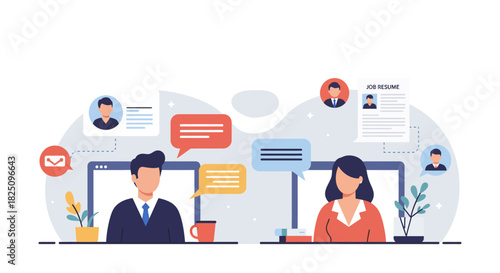 virtual job interview business people communicating online via laptops for hiring resume review candidate search and remote team collaboration