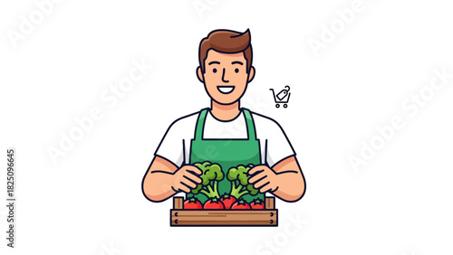 A smiling person in an apron holds a crate of fresh produce with a shopping cart icon