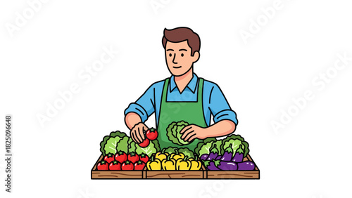 Cartoon illustration of a produce vendor arranging colorful vegetables, showcasing fresh produce at market