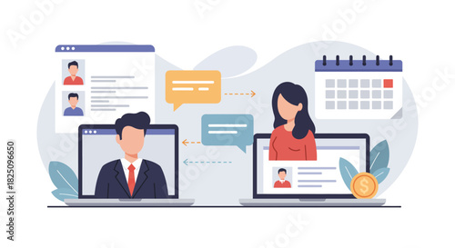 virtual meeting illustration business colleagues collaborating online for project planning and financial review ideal for remote work and digital communication