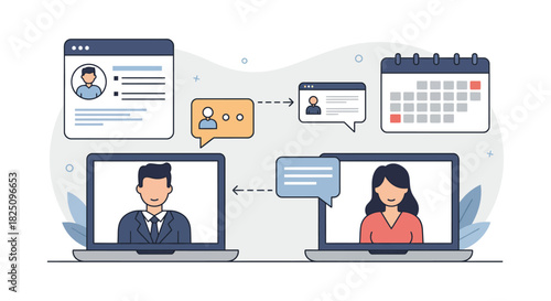 virtual meeting collaboration business professionals connecting on laptops discussing projects online illustrating teamwork communication and remote work