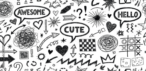 Abstract Doodle Art Awesome, Cute, and Hello Bubbles with Various Graphic Elements and Patterns