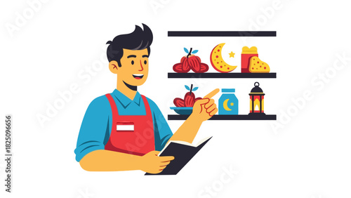 A smiling person in an apron points to a shelf with dates, cheese, moon, jar, & lamp