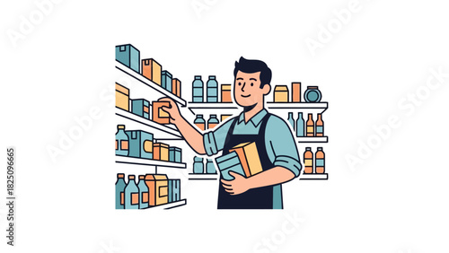 A cartoon image depicts a person stocking shelves in a store, holding packages and boxes