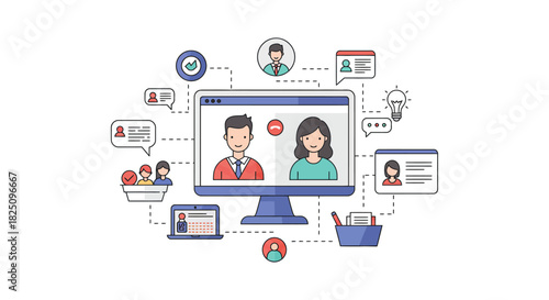 virtual meeting on a computer screen showing remote collaboration for teamwork idea sharing project updates in a digital business environment