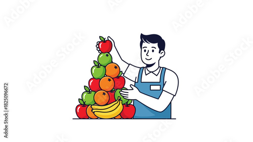 A smiling person in an apron organizes a pyramid of fruit, including apples, oranges, and bananas