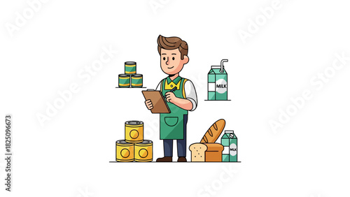 A cartoon grocery worker checks inventory near food items, including milk, bread, and canned goods