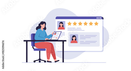 Woman reviewing online reviews sitting at desk at home showcasing customer feedback for business growth and reputation management.