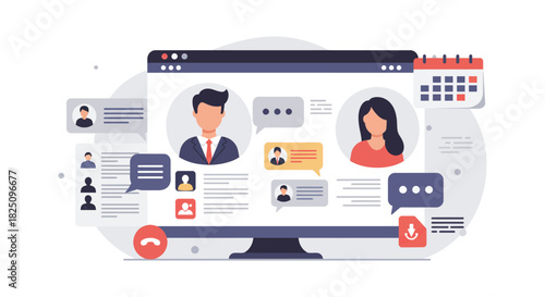 virtual meeting on computer two professionals communicating online planning schedule with calendar remote working solution perfect for business website