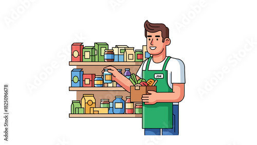 A smiling person in a green apron holding a basket of groceries in front of shelves