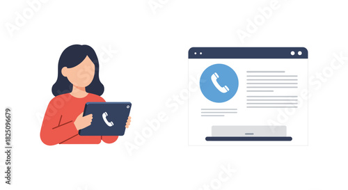 Woman using online call service on a tablet accessing customer support via app for consultation and assistance from a remote location.