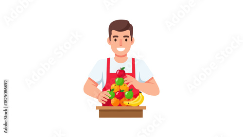 A smiling man, wearing an apron, arranges fruits in a balanced pyramid on a wooden table