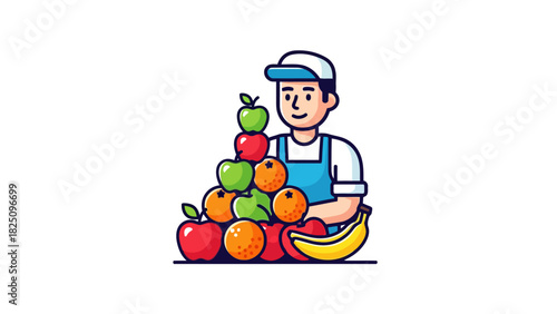 A cartoon fruit vendor smiling, holding various stacked fruits and a banana