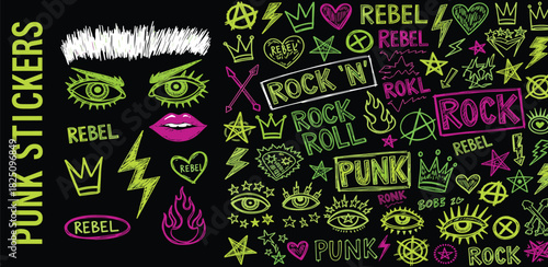 Hand-drawn collection of punk rock inspired doodles and rebellious graffiti symbols in a vibrant neon grunge style