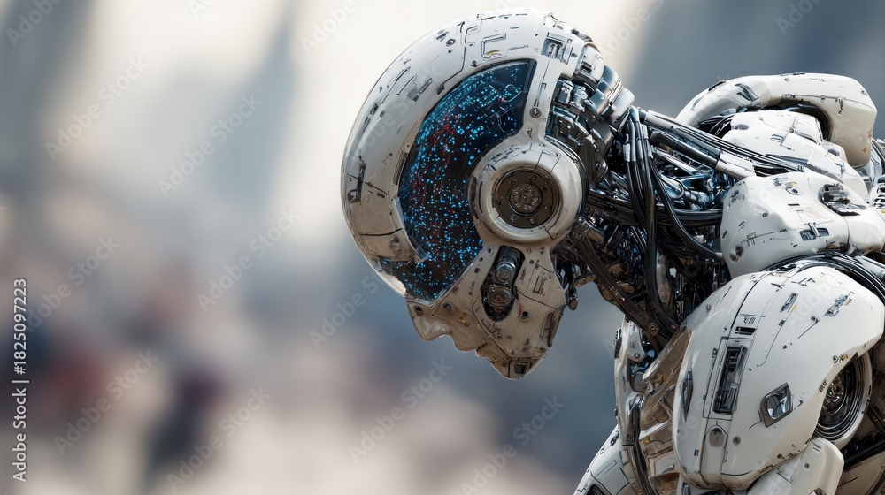 Fototapeta premium Artistic rendering of a detailed humanoid robot gazing downward thoughtfully