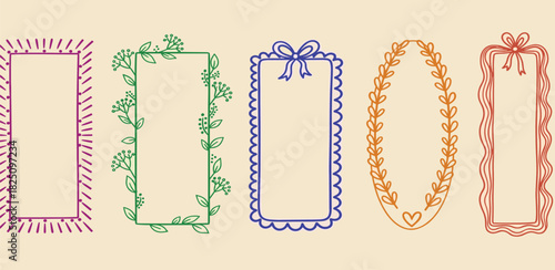 A vibrant collection of hand-drawn decorative frames, featuring various colorful border designs like leaves, lace, and ribbons for creative projects
