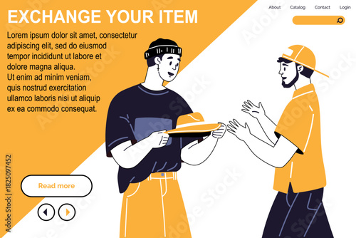 Trade, bartering, e-commerce, customer service, logistics, item swap. Two individuals exchanging an item in a graphic-styled ion. Bartering and e-commerce concepts are
