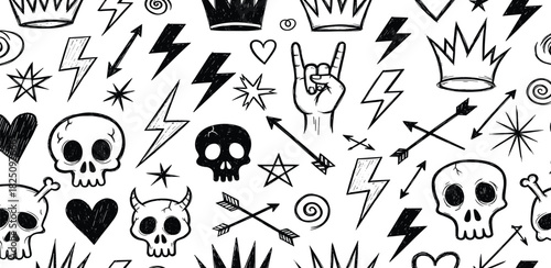 Dynamic Hand-Drawn Skull and Crown Doodle Pattern, Seamless Background with Lightning Bolts and Rock Elements for Edgy Graphic Design Projects and Alternative Themes