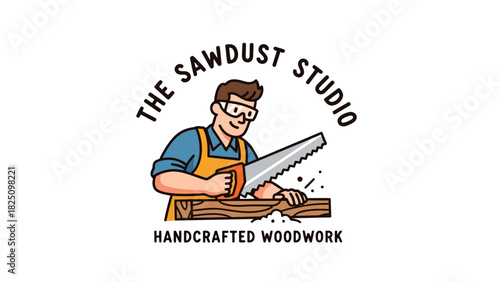 A cartoon image showcasing a craftsman sawing wood. The words "The Sawdust Studio" arch overhead