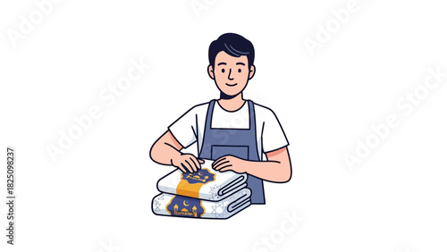 A smiling person in an apron folding a stack of two decorative towels. Vector illustration