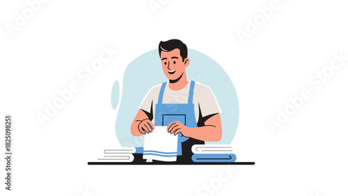 A person, wearing an apron, folds towels. Folded towels and a stack of clean ones are also visible