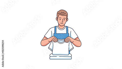 A cartoon man with fair skin holds up a white T-shirt from a stack, wearing a blue apron
