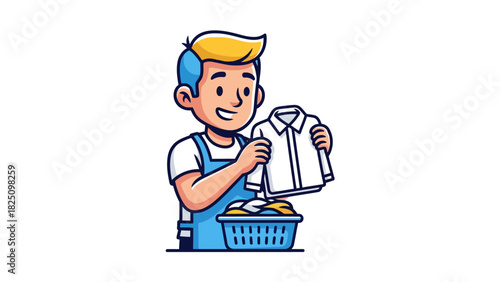 Cartoon character with a white shirt, holding it over a laundry basket. Wearing blue overalls