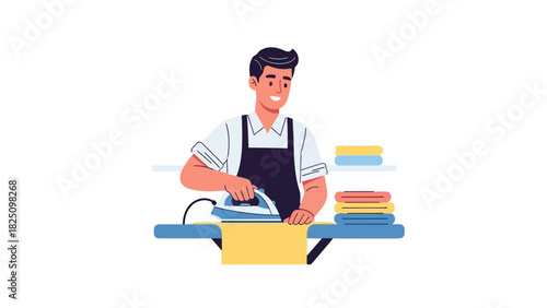 A smiling person irons clothing on a board, with stacks of folded fabric nearby