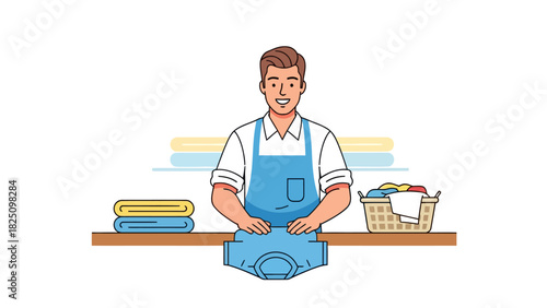 Illustration of a man with an apron folding laundry with stacked towels and a basket of clothes in view