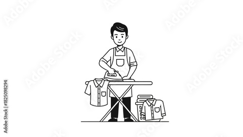 Black and white illustration of a person ironing clothes on an ironing board. Other clothing nearby