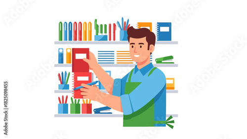 A clerk smiles while reaching for a notebook from a shelf filled with stationery supplies