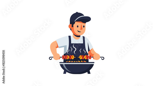 A smiling person wearing an apron and hat grilling food on a barbecue, white background