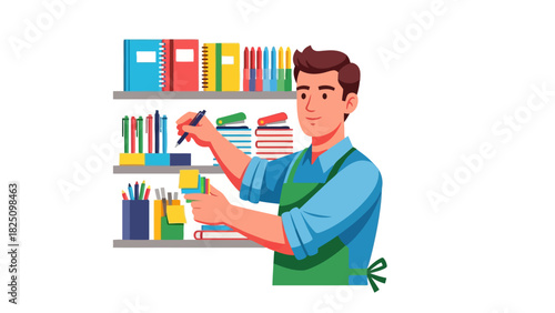 Illustration of a person surrounded by stationery and books, reaching for sticky notes