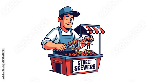 A cartoon vendor grills kebabs on a street cart, smiling as they serve