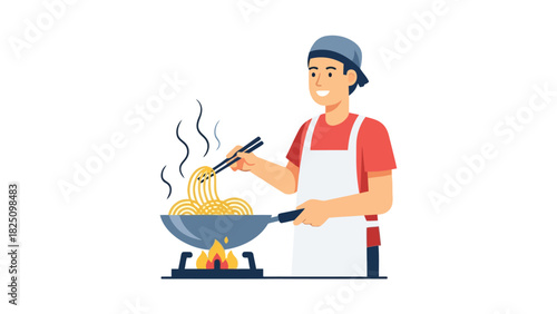 A chef wearing a cap and apron cooks noodles with chopsticks over a stove in a wok