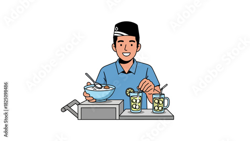 An illustration of a man preparing food and drinks, presenting it smiling