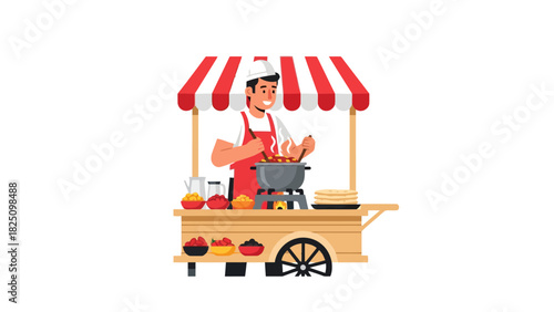 A vendor cooks food from a cart with a striped canopy. Various dishes are set out for sale