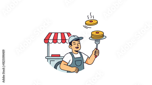 A cartoon depicts a cheerful street vendor flipping pancakes, smiling, with a food cart