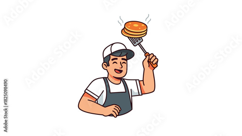 A cartoon chef joyfully flipping pancakes with a spatula, steam rising from the hot food