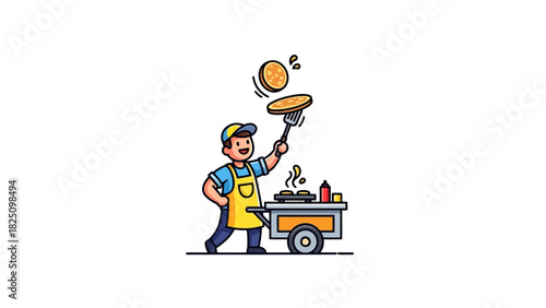 A cartoon food vendor with cart and grilling pancakes, flipping one with a spatula