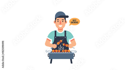 A smiling chef wearing an apron and hat, grilling skewers over a charcoal grill, with a "Best Skewers!" speech bubble