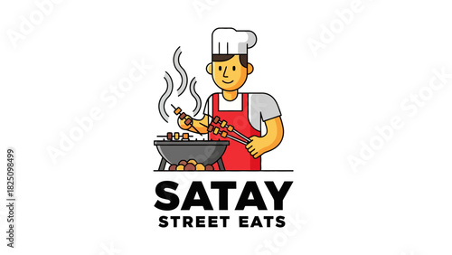 A chef wearing a hat and apron smiles while grilling skewers, text says Street Eats