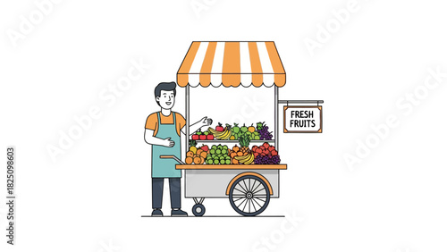 A smiling vendor stands by a cart overflowing with fresh fruits under a striped canopy