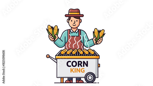 A smiling vendor holding corn, with a cart full of grilled corn, a brown hat, and apron