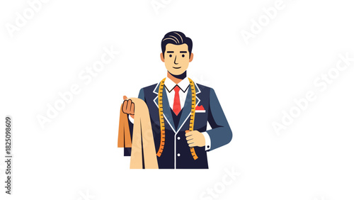 A smiling man in a suit holds fabric and a measuring tape, suggesting tailoring or garment creation