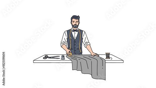 Illustration of a tailor cutting fabric on a table, including tools and a spool of thread