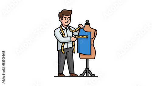 A cartoon tailor measures fabric on a mannequin, using a yellow measuring tape