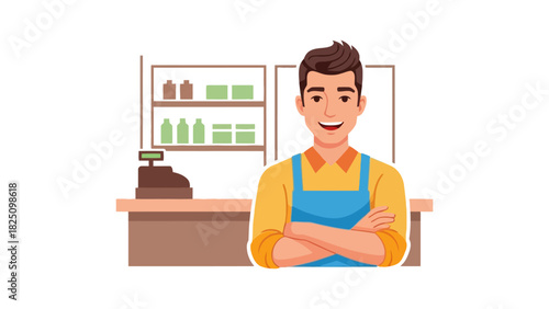 A smiling cashier in a yellow shirt and blue apron stands at a register. Shelves in the background